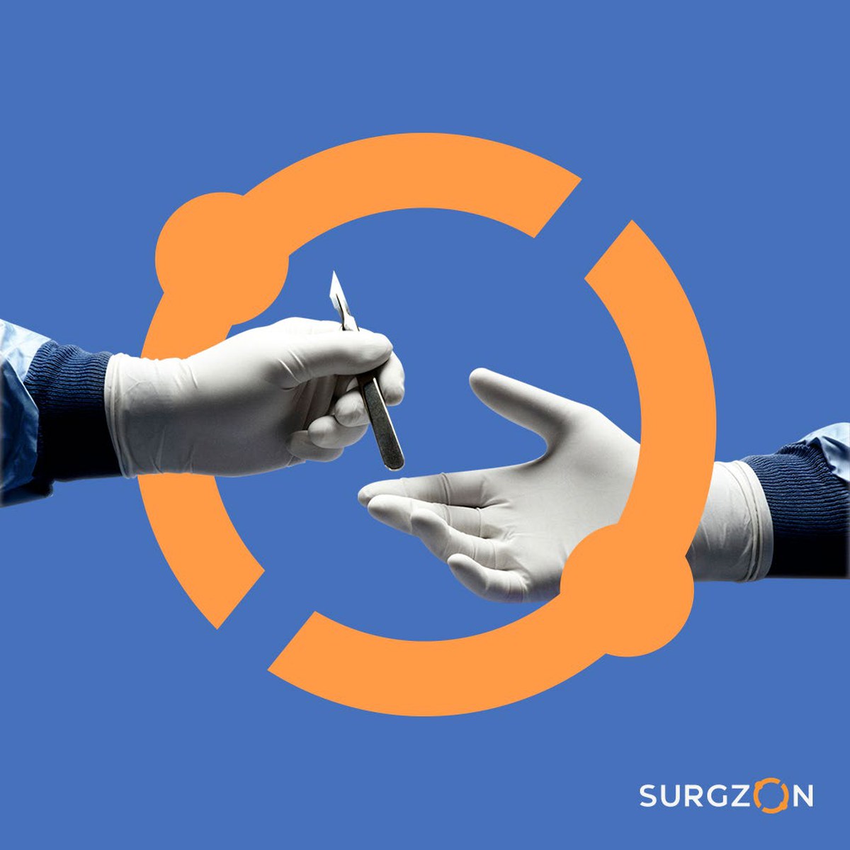 Two surgeons passing a scalpel through the Surgzon connection mark